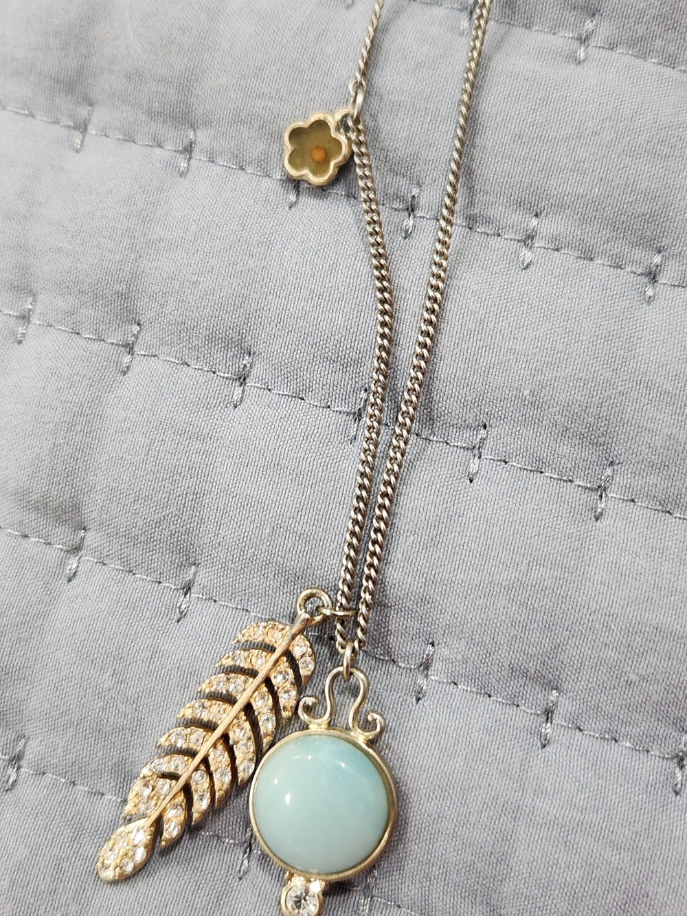 Gold-Tone Feather & Aqua Glass Pendant Necklace Matt 17:20 With Mustard Seed